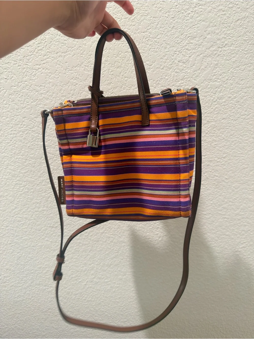 Marc Jacobs Purple Stripe Crossbody Tote with Brown Leather Trim